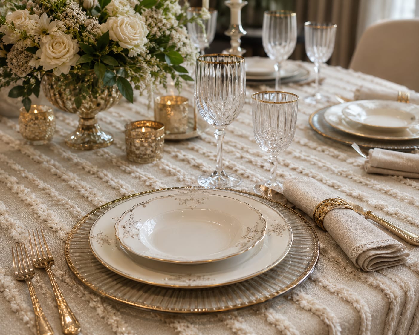 Cannes tufted stripe tablecloth in taupe, set with gold-rimmed china and crystal