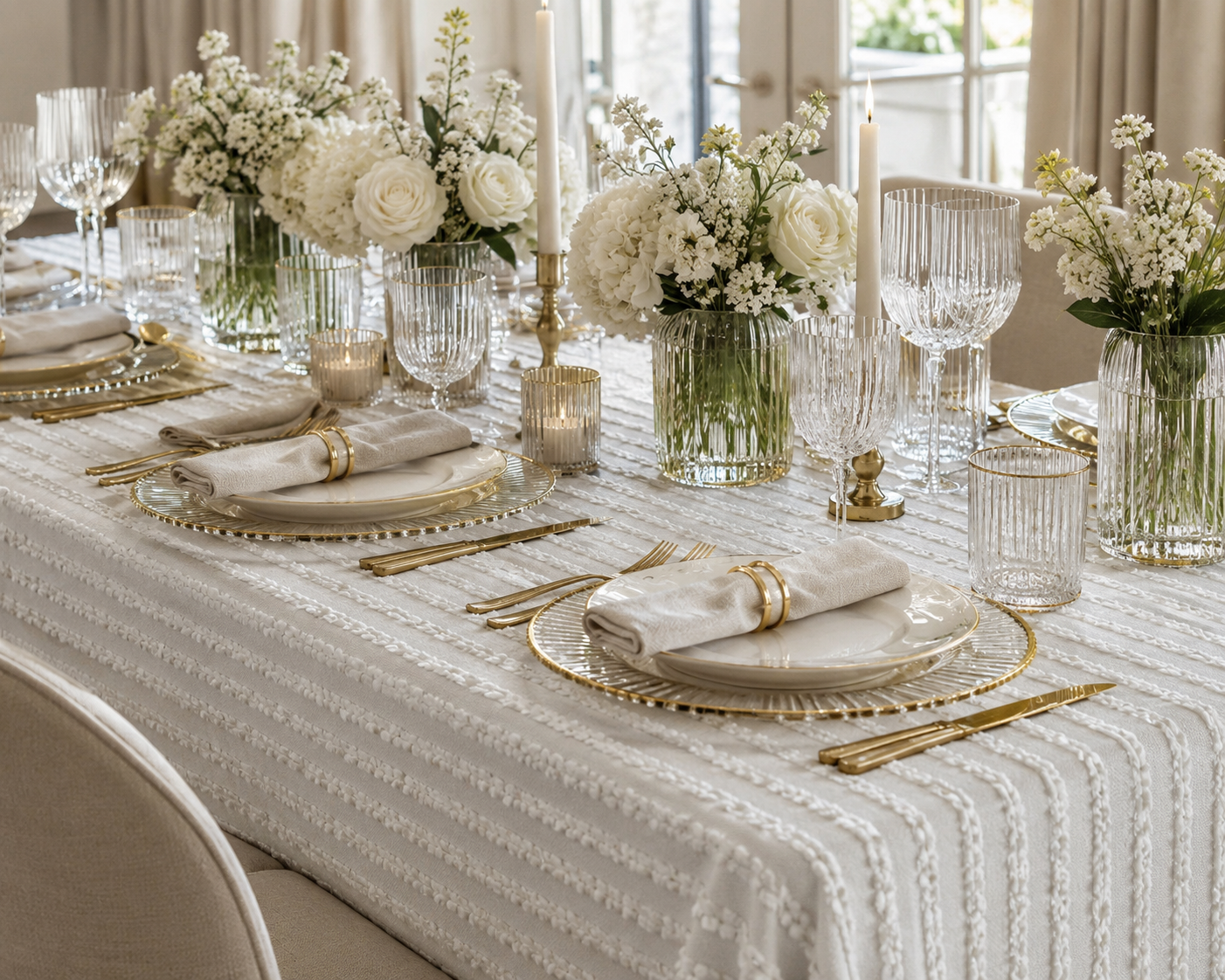 Detail of the raised tufted stripe texture on the Cannes taupe tablecloth