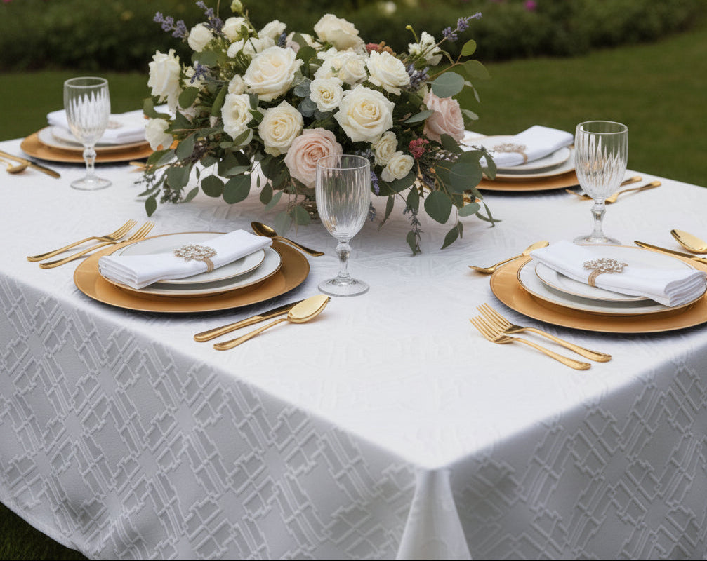 Valence quilted white tablecloth with interlocking fret pattern, set with gold chargers and crystal