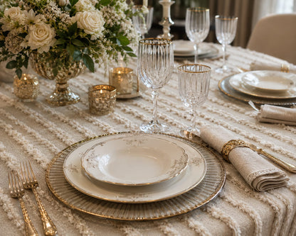 Cannes tufted stripe tablecloth in taupe, set with gold-rimmed china and crystal