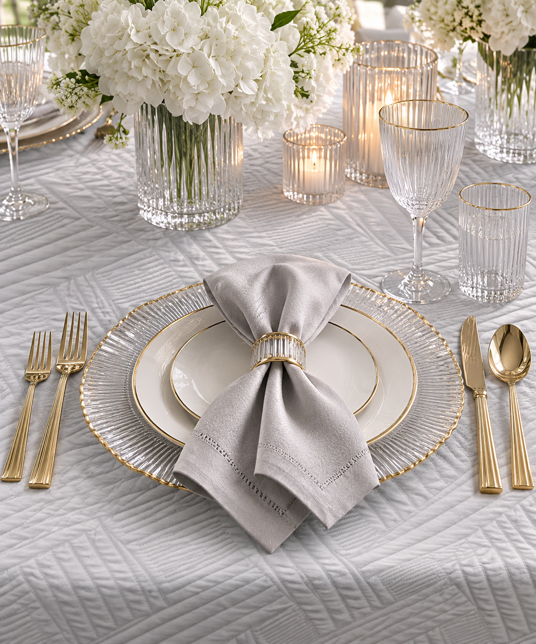 Trellis quilted white tablecloth draped over a corner, showing the interlace at scale