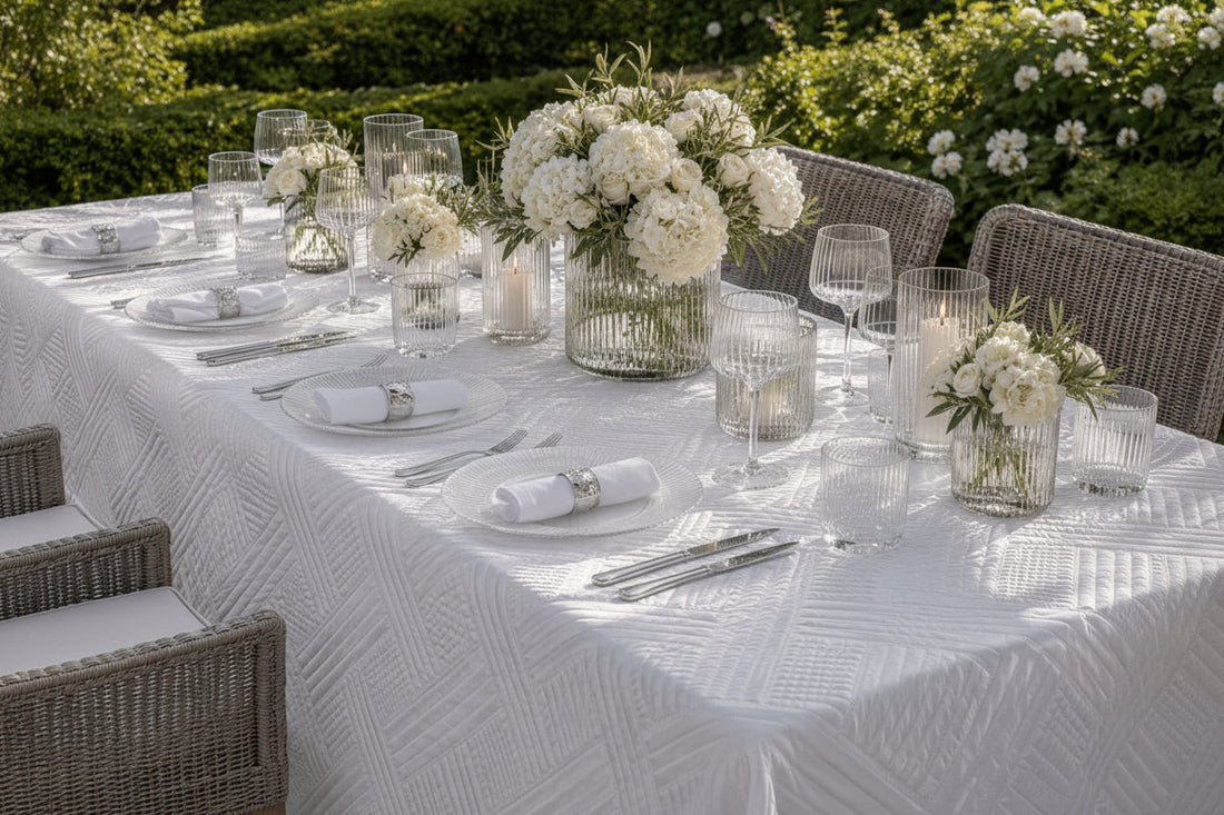 Close view of the raised woven lattice quilting on the Trellis white tablecloth