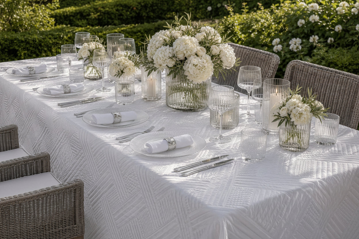 Close view of the raised woven lattice quilting on the Trellis white tablecloth